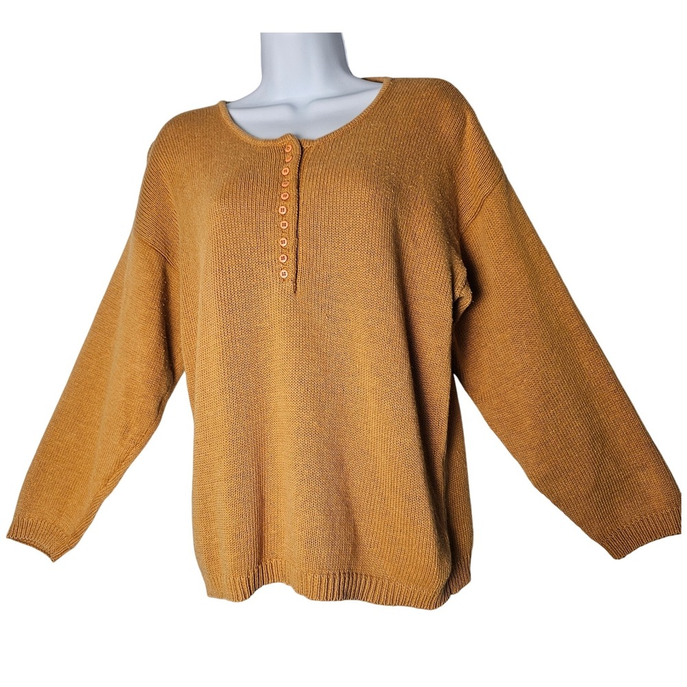 VTG Segue Mustard Yellow Knit Henley Sweater Top‎ Size Medium 55 Ramie 45 Cotton